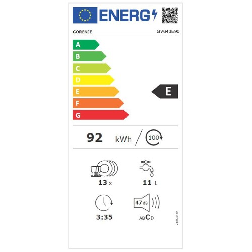 ΠΛΥΝΤΗΡΙΟ ΠΙΑΤΩΝ ΠΛΗΡΩΣ ΕΝΤΟΙΧΙΖΟΜΕΝΟ 60CM GORENJE GV643E90 (E / 16 ΣΕΡΒ / 4ΕΤΗ ΕΓΓΥΗΣΗ)
